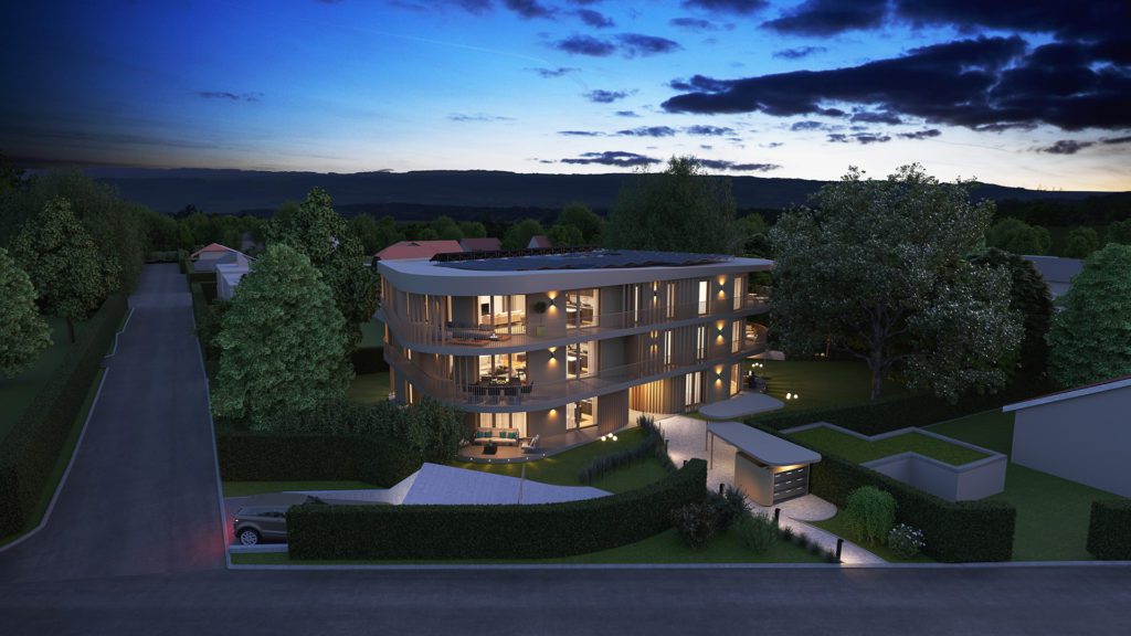 Vue extérieure au crépuscule du projet Thônex